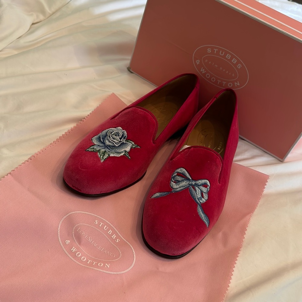 NIB Love Shack Fancy x Stubbs & Wooten Velvet Rose & Bow Slippers, 11.5